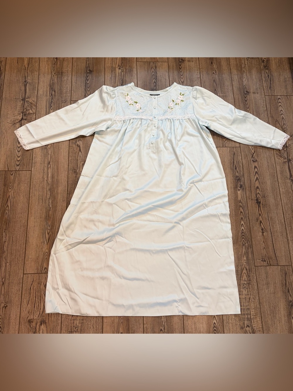 Mantles L Blue Satin Nightgown Floral Embroidered Lace Cottagecore Grannycore
